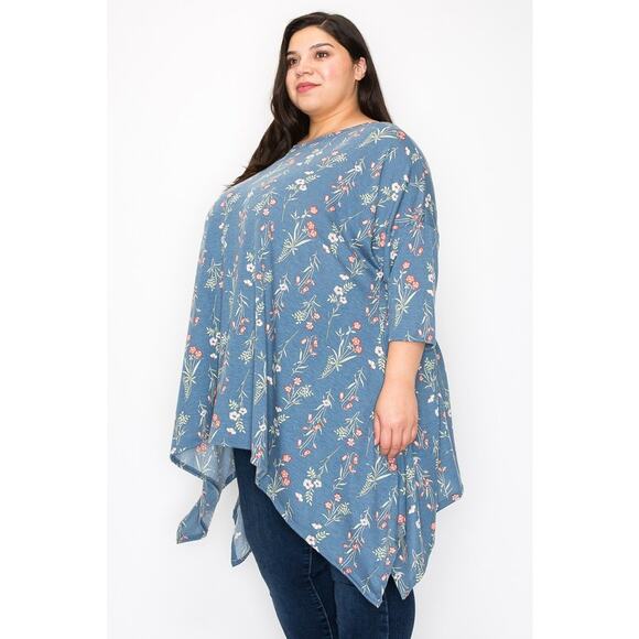 051 Curvy Lovey Flower Print Side Drape Tunic Top in Blue - Picture 2 of 5